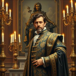 Oil painting portrait of a duke posing gracefully in front of an artistically crafted bronze statue, surrounded by elegantly arranged candelabras that emit a warm, inviting light