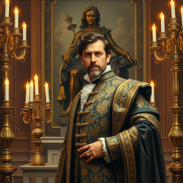 Oil painting portrait of a duke posing gracefully in front of an artistically crafted bronze statue, surrounded by elegantly arranged candelabras that emit a warm, inviting light