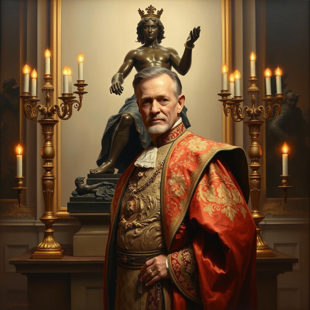 Oil painting portrait of a duke posing gracefully in front of an artistically crafted bronze statue, surrounded by elegantly arranged candelabras that emit a warm, inviting light