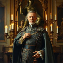 Oil painting portrait of a duke posing gracefully in front of an artistically crafted bronze statue, surrounded by elegantly arranged candelabras that emit a warm, inviting light