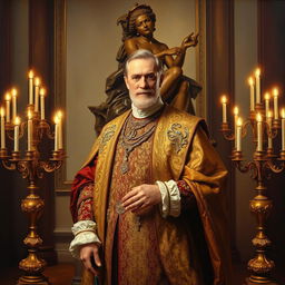 Oil painting portrait of a duke posing gracefully in front of an artistically crafted bronze statue, surrounded by elegantly arranged candelabras that emit a warm, inviting light