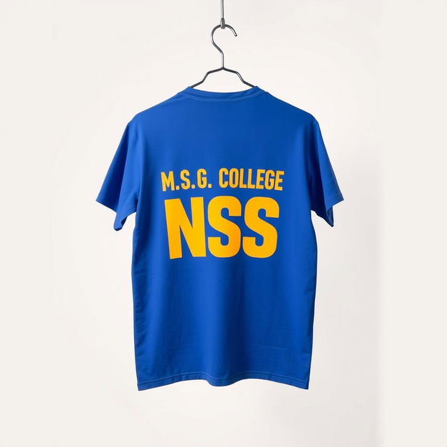 A half-size blue t-shirt showcasing the back design prominently displaying the name 'M