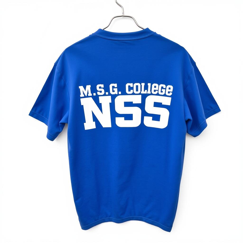 A half-size blue t-shirt showcasing the back design prominently displaying the name 'M
