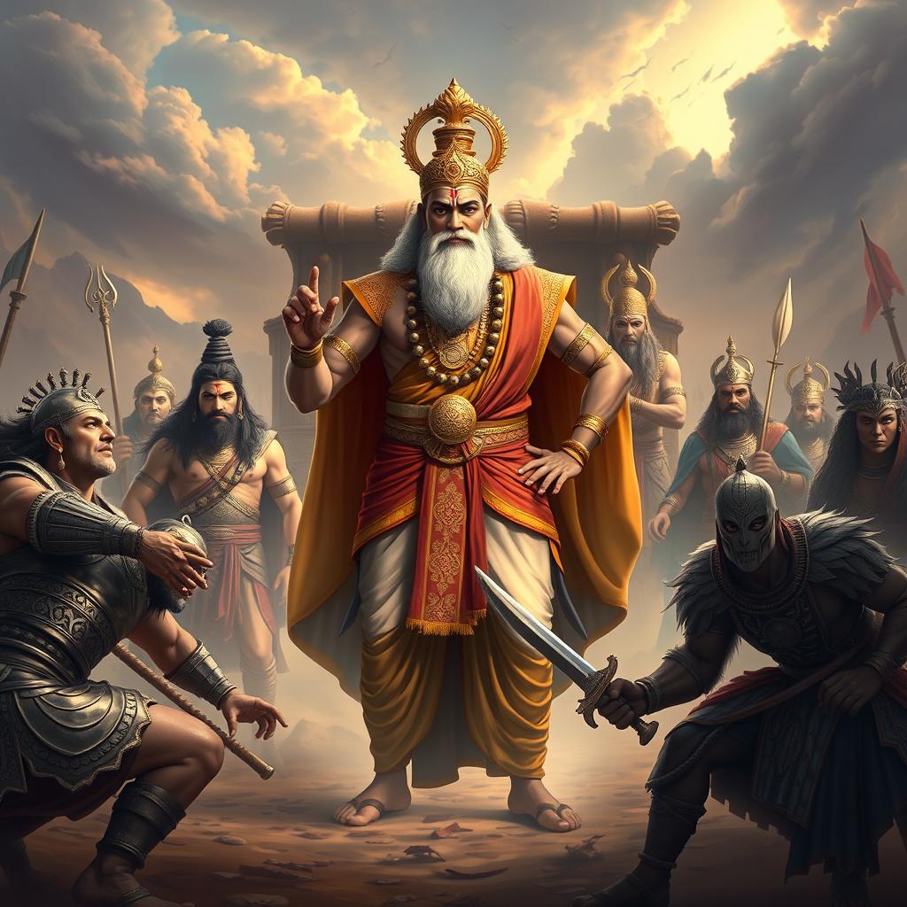 A grand and dynamic scene featuring Bhishma Pitama, a majestic and wise figure dressed in traditional royal attire, standing resolutely in the forefront