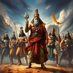 A grand and dynamic scene featuring Bhishma Pitama, a majestic and wise figure dressed in traditional royal attire, standing resolutely in the forefront