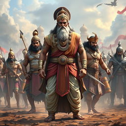 A grand and dynamic scene featuring Bhishma Pitama, a majestic and wise figure dressed in traditional royal attire, standing resolutely in the forefront