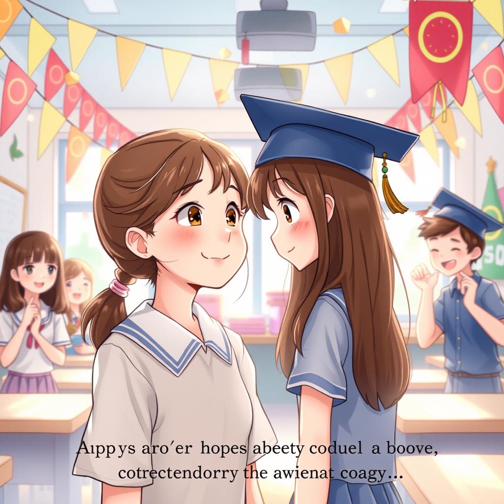 A book cover illustration depicting a heartwarming scene where a young girl gazes affectionately at her classmate, highlighting the theme of admiration blossoming into love