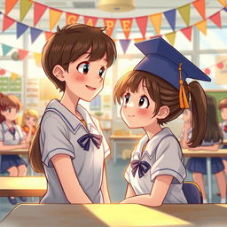 A book cover illustration depicting a heartwarming scene where a young girl gazes affectionately at her classmate, highlighting the theme of admiration blossoming into love