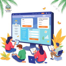 A detailed illustration of a modern college online registration payment portal, showcasing an intuitive user interface