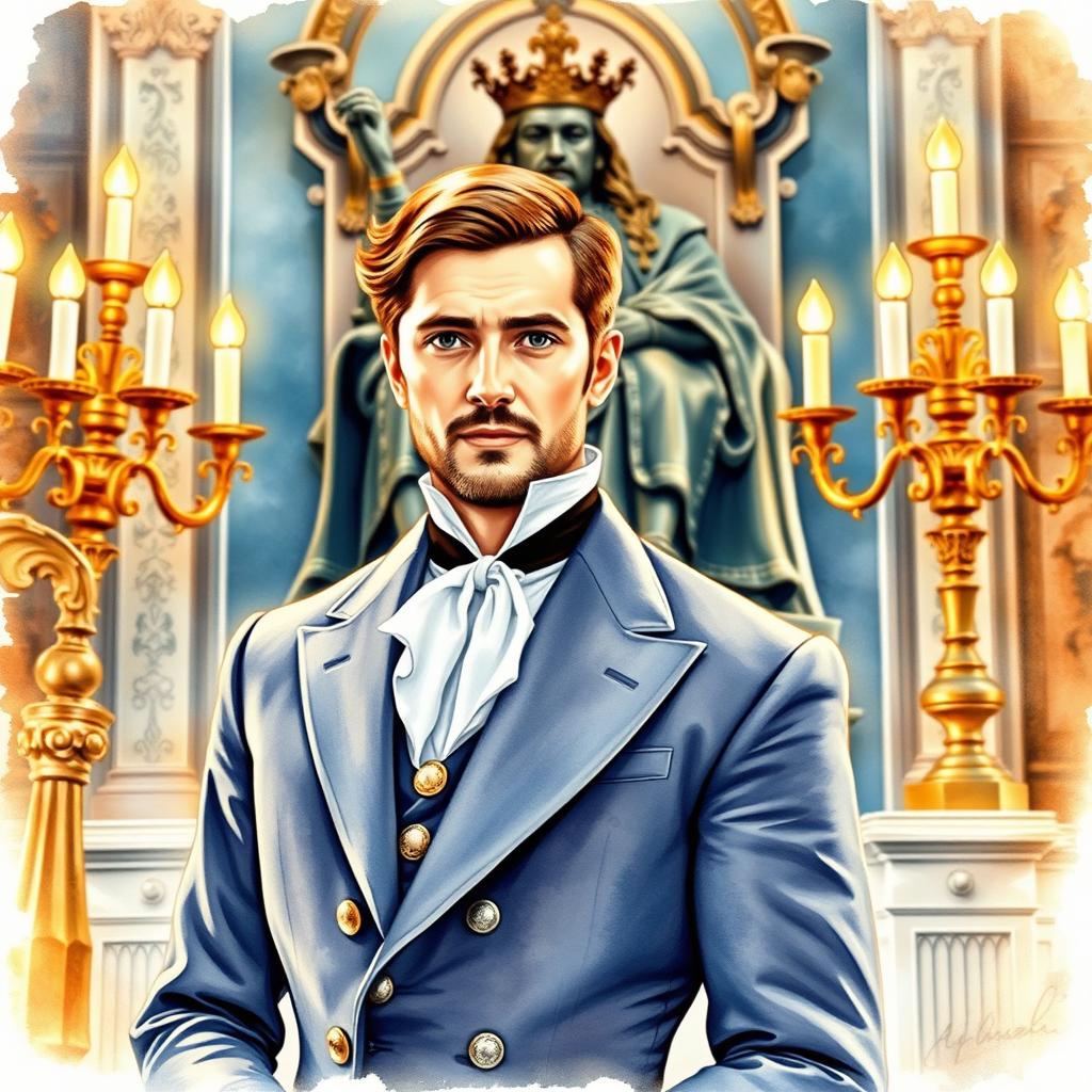Watercolor portrait of a duke elegantly posing in front of a regal bronze statue of a king, illuminated by the warm glow of decorative candelabras