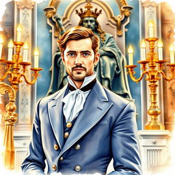 Watercolor portrait of a duke elegantly posing in front of a regal bronze statue of a king, illuminated by the warm glow of decorative candelabras