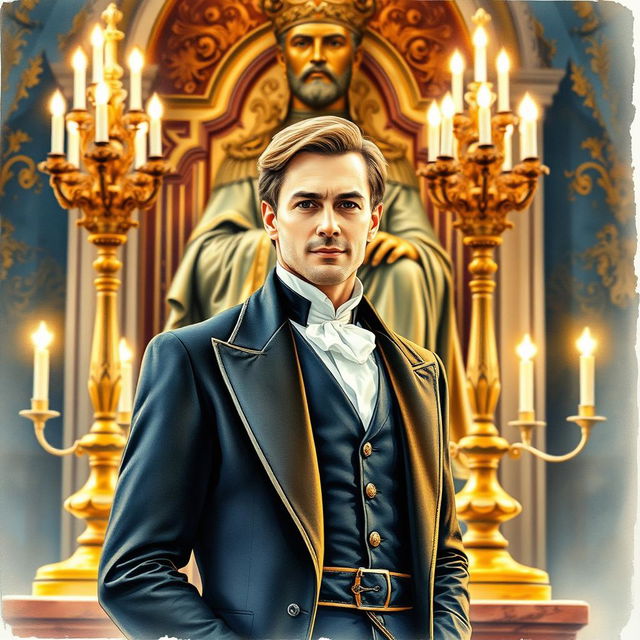 Watercolor portrait of a duke elegantly posing in front of a regal bronze statue of a king, illuminated by the warm glow of decorative candelabras