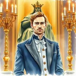 Watercolor portrait of a duke elegantly posing in front of a regal bronze statue of a king, illuminated by the warm glow of decorative candelabras