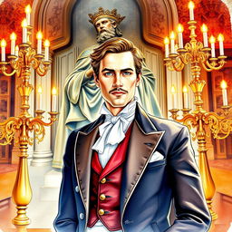 Watercolor portrait of a duke elegantly posing in front of a regal bronze statue of a king, illuminated by the warm glow of decorative candelabras