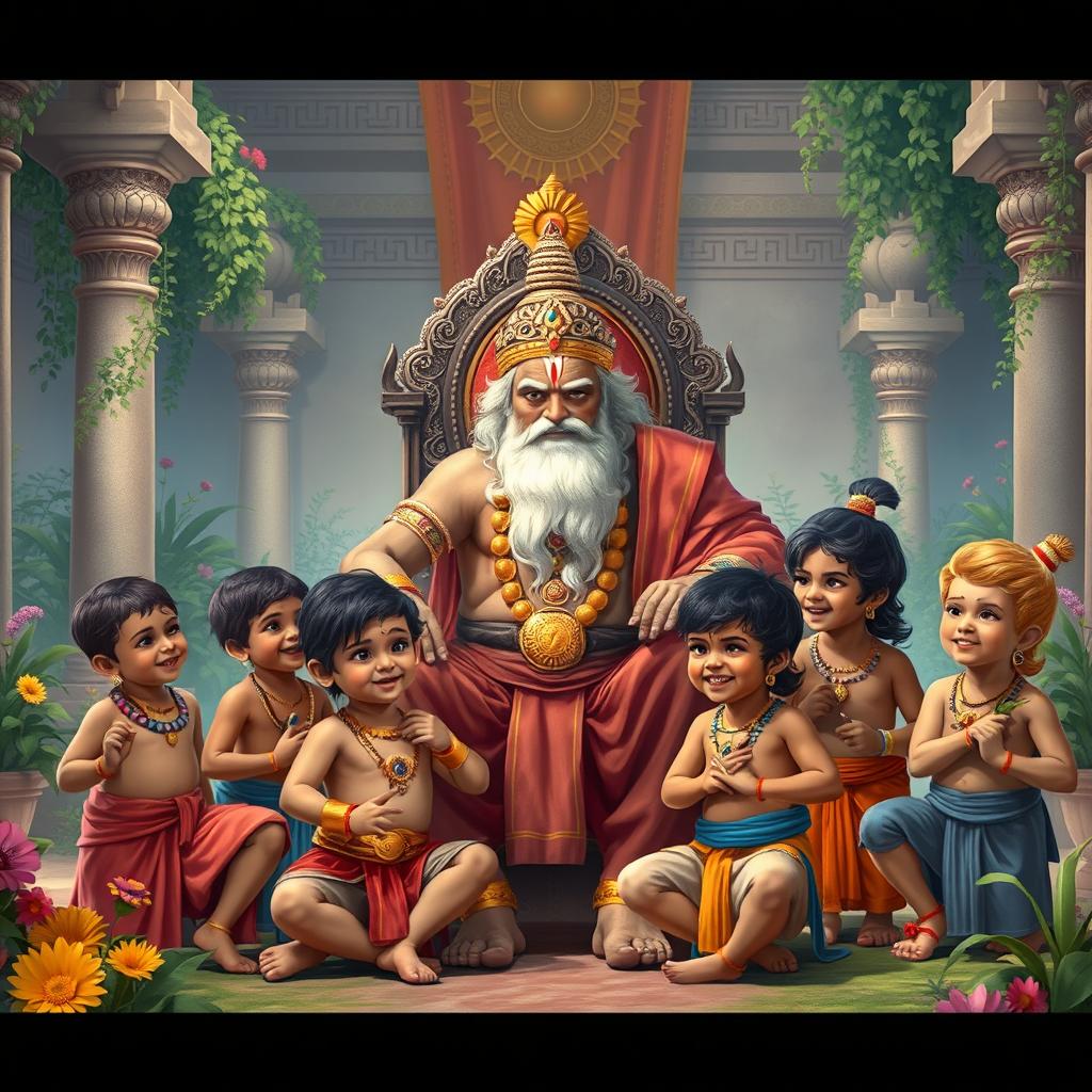 A poignant scene depicting Bhishma Pitama with the young Kauravas and Pandavas in a lush royal courtyard, representing their childhood