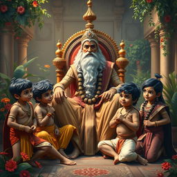 A poignant scene depicting Bhishma Pitama with the young Kauravas and Pandavas in a lush royal courtyard, representing their childhood