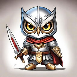 A digital art image featuring a chibi-style owl dressed as a paladin, complete with armor and a sword