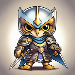 A digital art image featuring a chibi-style owl dressed as a paladin, complete with armor and a sword