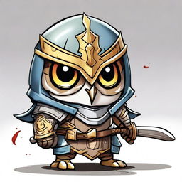 A digital art image featuring a chibi-style owl dressed as a paladin, complete with armor and a sword