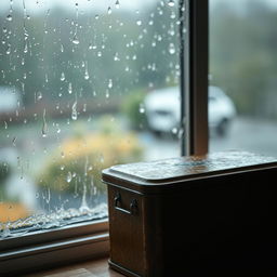 A brown metal box placed next to a rainy window, with raindrops streaming down the glass