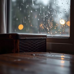 A brown metal box placed next to a rainy window, with raindrops streaming down the glass
