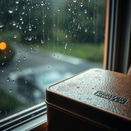 A brown metal box placed next to a rainy window, with raindrops streaming down the glass