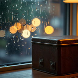 A brown metal box placed next to a rainy window, with raindrops streaming down the glass