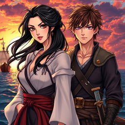 A vibrant illustration of a beautiful couple in manhwa style