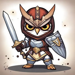 A digital art image featuring a chibi-style owl dressed as a paladin, complete with armor and a sword