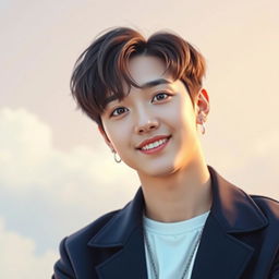 A portrait of Jin from BTS with his charming smile and captivating eyes, dressed in a stylish outfit that reflects his unique fashion sense