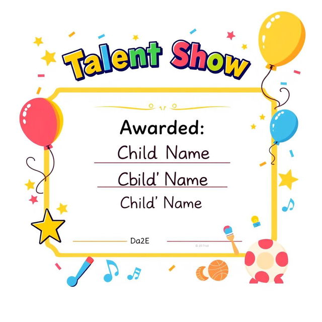 A colorful and cheerful certificate design for a kids' talent show, featuring playful elements like stars, balloons, and confetti