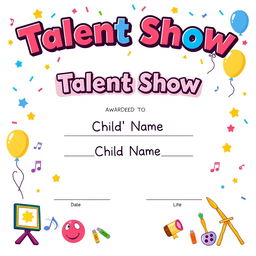 A colorful and cheerful certificate design for a kids' talent show, featuring playful elements like stars, balloons, and confetti