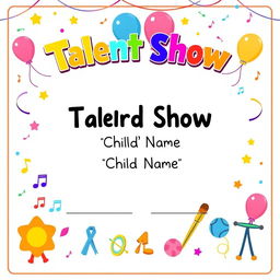 A colorful and cheerful certificate design for a kids' talent show, featuring playful elements like stars, balloons, and confetti