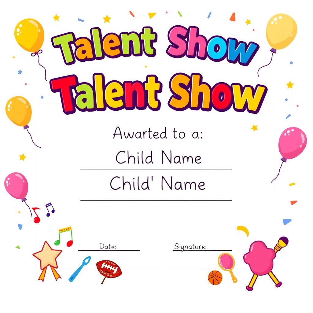 A colorful and cheerful certificate design for a kids' talent show, featuring playful elements like stars, balloons, and confetti