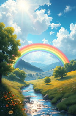 A stunning digital painting of a vibrant rainbow arching across a picturesque landscape, surrounded by lush green trees and a serene blue sky