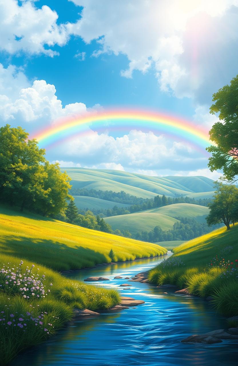 A stunning digital painting of a vibrant rainbow arching across a picturesque landscape, surrounded by lush green trees and a serene blue sky