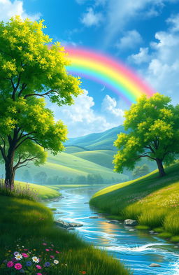 A stunning digital painting of a vibrant rainbow arching across a picturesque landscape, surrounded by lush green trees and a serene blue sky