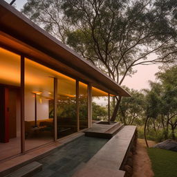 A mid-century modern architecture styled Indian home with vibrant colors, sleek lines, flat surfaces, large glass windows, and integration with nature.