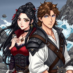 A stunning illustration of a beautiful couple in a manhwa style