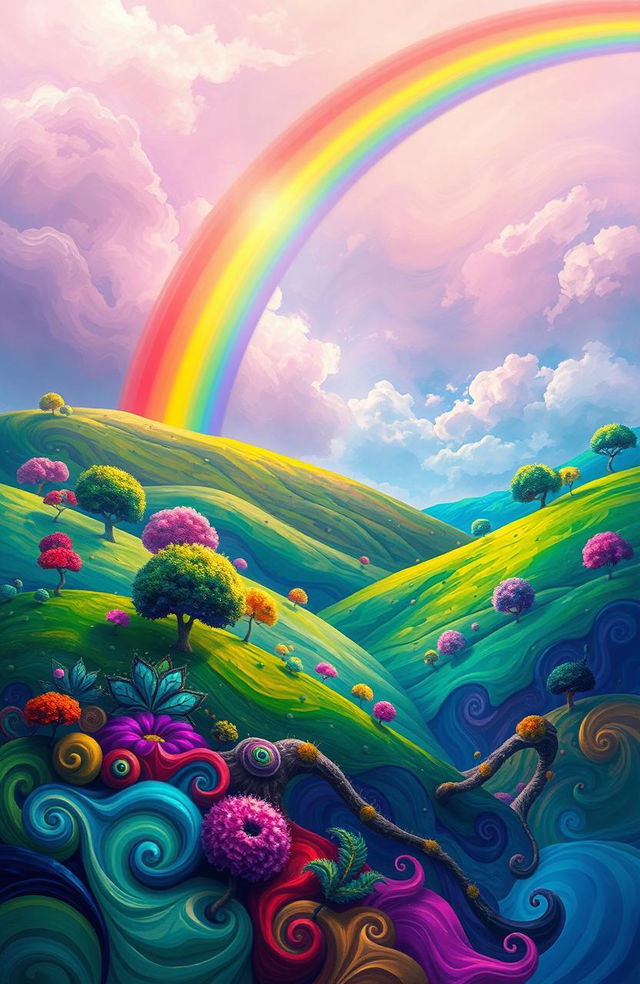 A vibrant digital painting showcasing a stunning rainbow arching across a surreal landscape filled with colorful abstract elements