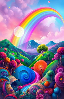 A vibrant digital painting showcasing a stunning rainbow arching across a surreal landscape filled with colorful abstract elements