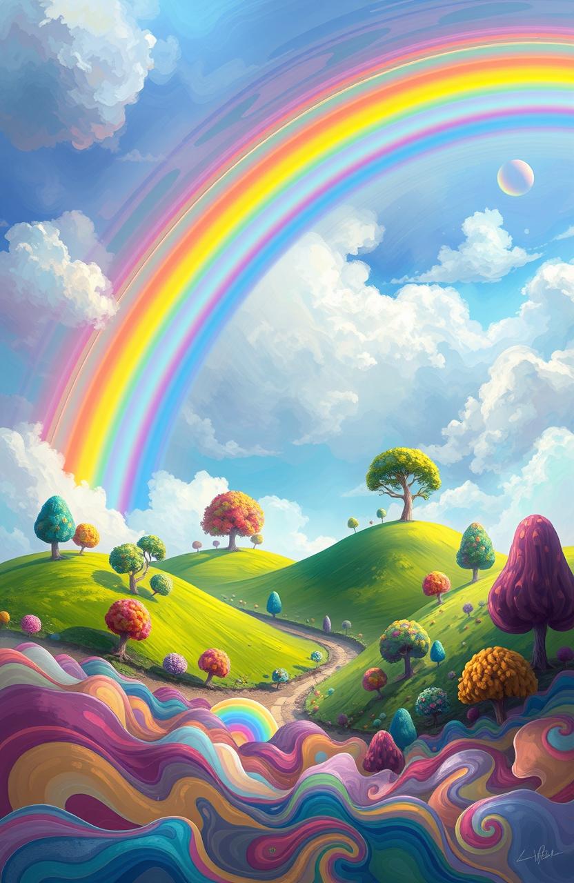 A vibrant digital painting showcasing a stunning rainbow arching across a surreal landscape filled with colorful abstract elements