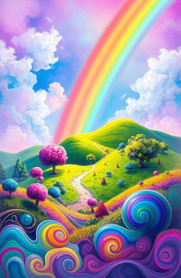 A vibrant digital painting showcasing a stunning rainbow arching across a surreal landscape filled with colorful abstract elements