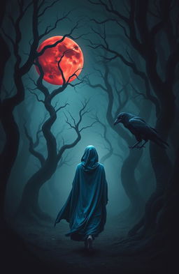 A woman clad in a flowing blue cloak walks alone into a dark and misty forest