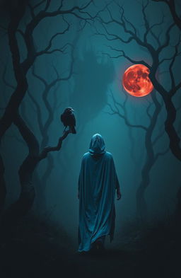 A woman clad in a flowing blue cloak walks alone into a dark and misty forest