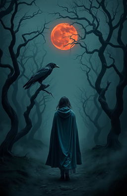A woman clad in a flowing blue cloak walks alone into a dark and misty forest