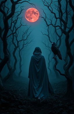 A woman clad in a flowing blue cloak walks alone into a dark and misty forest