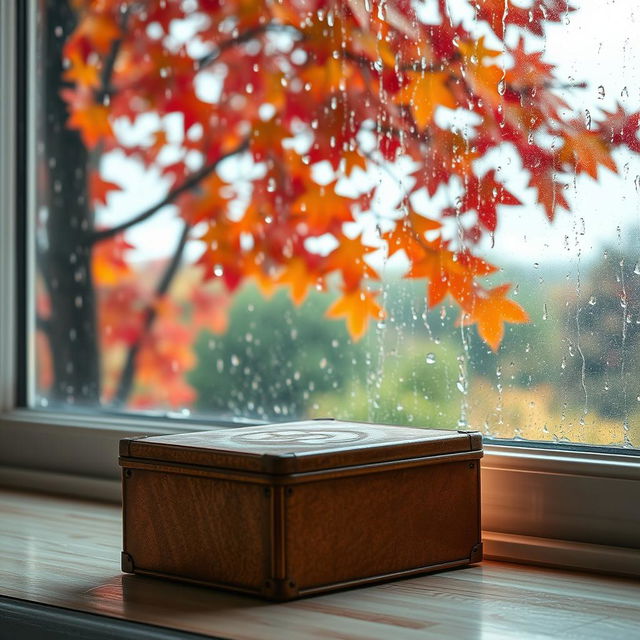 A brown metal box placed next to a rainy window, with raindrops streaming down the glass