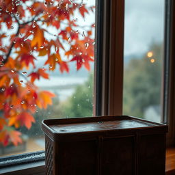 A brown metal box placed next to a rainy window, with raindrops streaming down the glass