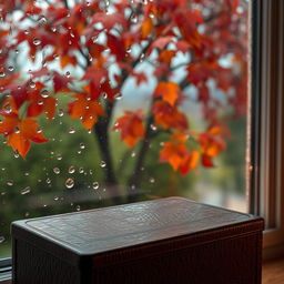 A brown metal box placed next to a rainy window, with raindrops streaming down the glass